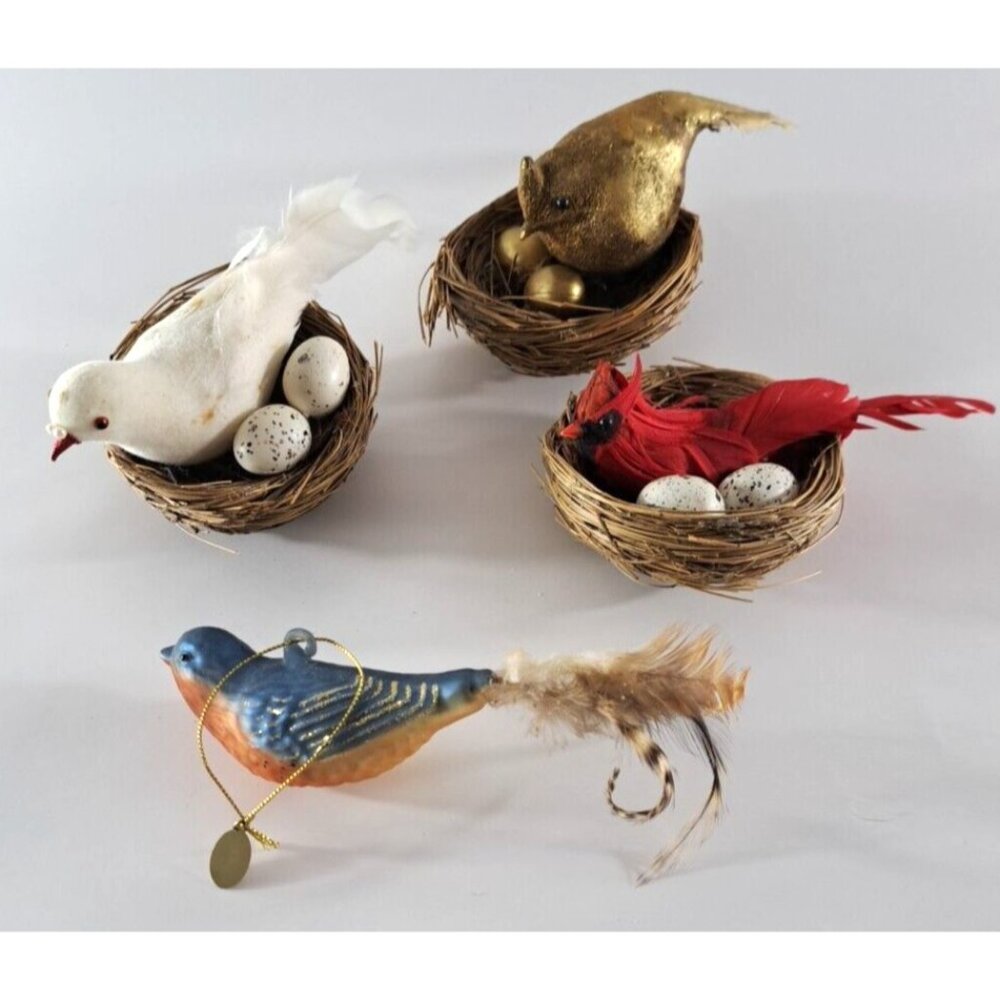 Nesting Birds W Eggs Feathers Christmas Ornament Lot Cardinal Bluebird Gold